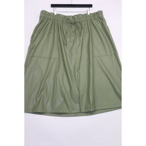 Green Faux Leather Drawstring Midi Skirt With Pockets Lined With Soft 3XL